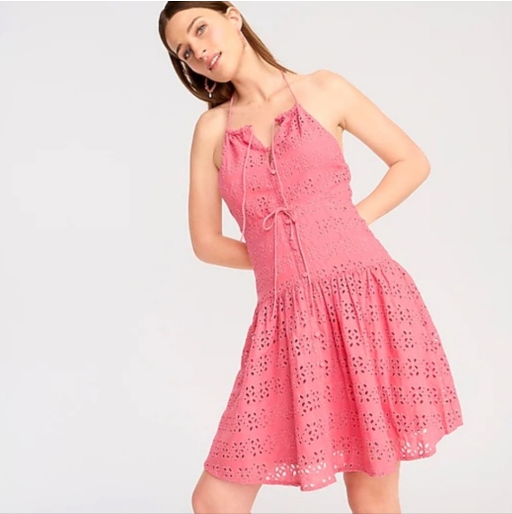 J.CREW Anguilla Eyelet Halter Dress in Flamingo Pink XS 0-2 BNWT $228 RETIRED